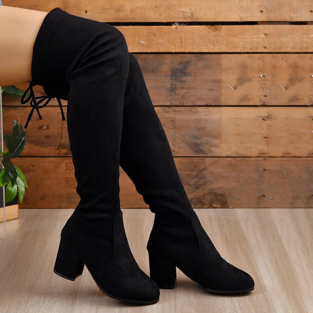 Dames Elegante Overknee Laarzen Met Blokhak En Ronde Neus detailfoto 2