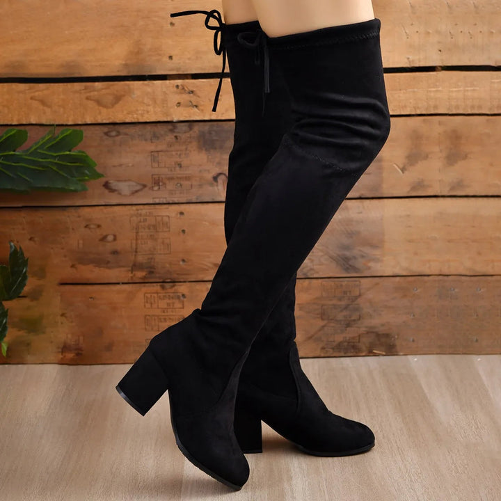 Dames Elegante Overknee Laarzen Met Blokhak En Ronde Neus in Zwart