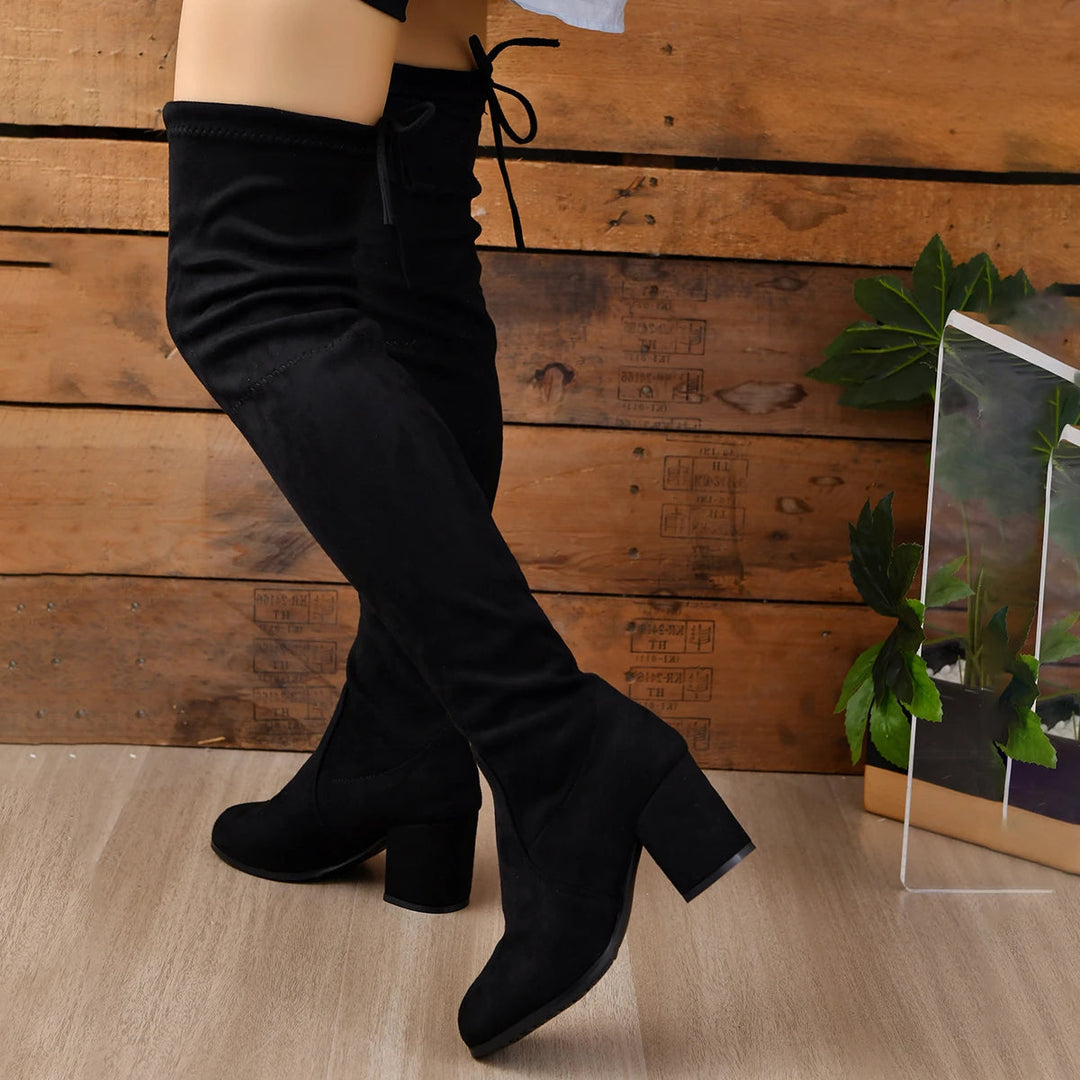 Dames Elegante Overknee Laarzen Met Blokhak En Ronde Neus detailfoto 3