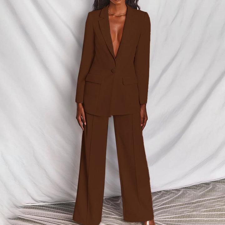 Damespakset in bruin met blazer en wijde pantalon