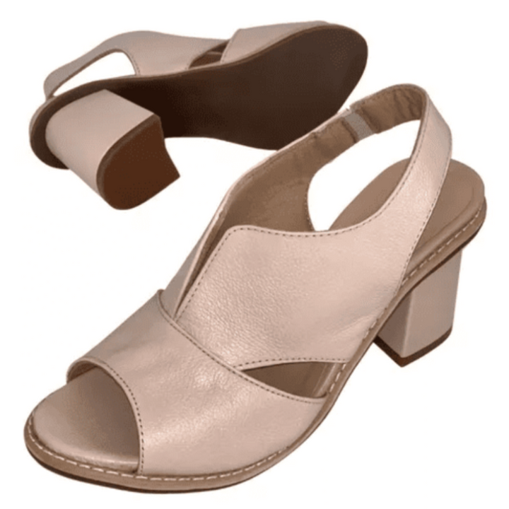 Dames Peeptoe Sandalen Met Stevige Blokhak En Slingback Bandje in Beige zool en hak