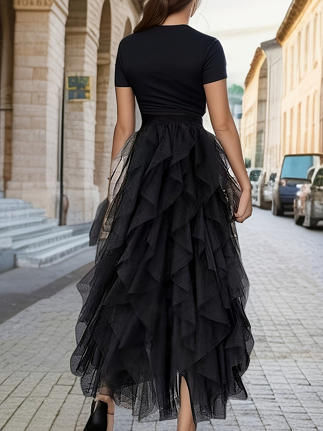 Dames Gelaagde Maxi Rok Met Elastische Taille in Zwart