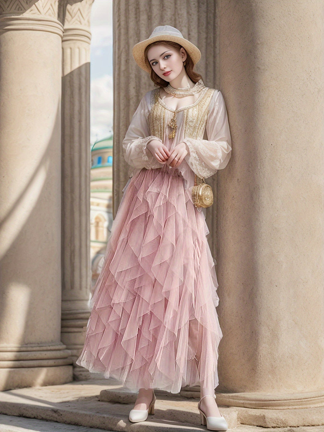 Dames Gelaagde Maxi Rok Met Elastische Taille in Roze