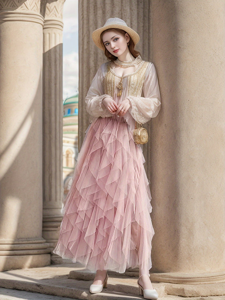 Dames Gelaagde Maxi Rok Met Elastische Taille in Roze