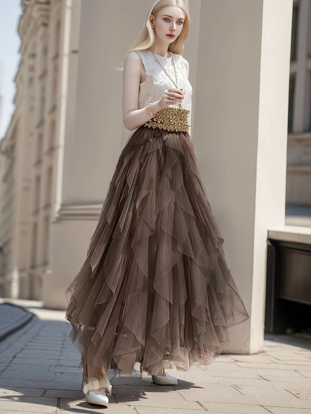 Dames Gelaagde Maxi Rok Met Elastische Taille in Bruin