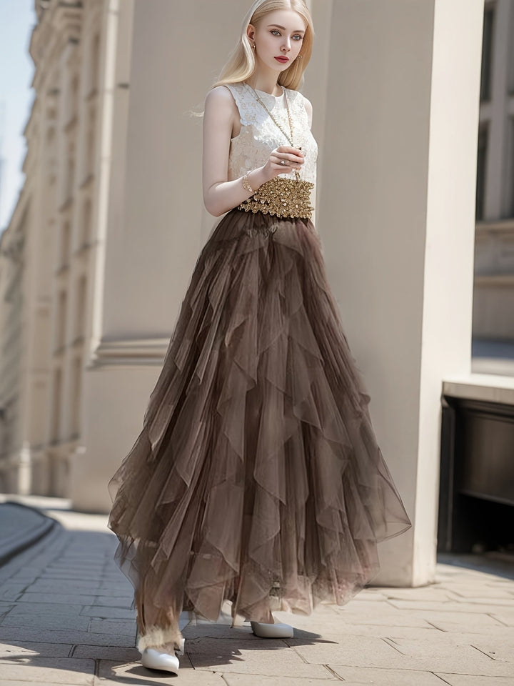 Dames Gelaagde Maxi Rok Met Elastische Taille in Bruin