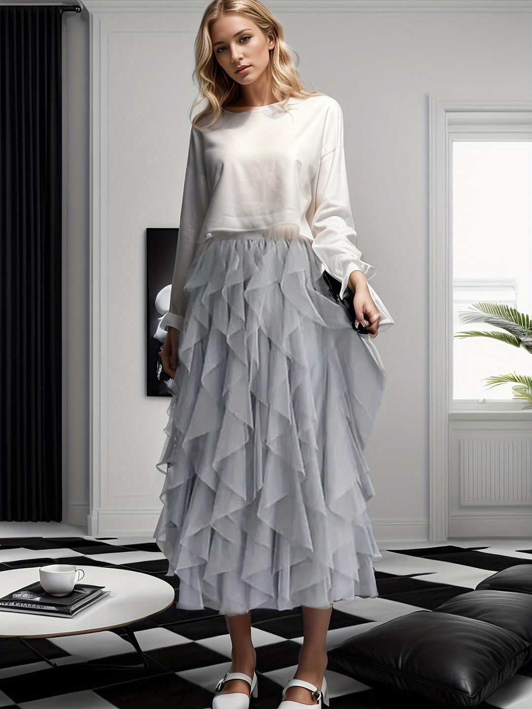 Dames Gelaagde Maxi Rok Met Elastische Taille detailfoto 6
