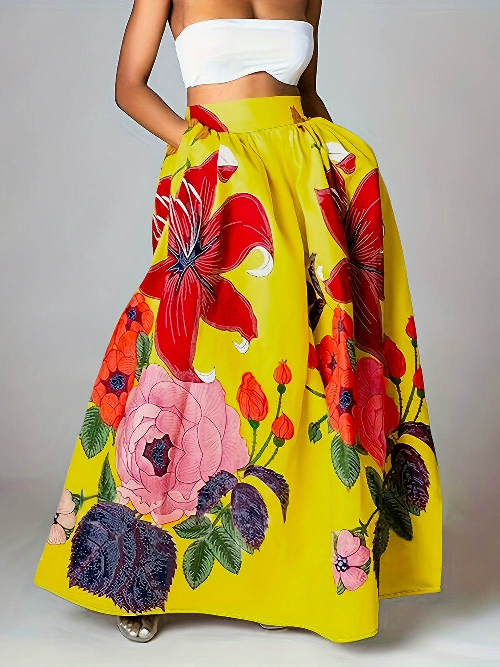 Dames Maxi Rok Met Bloemenprint En Hoge Taille in Geel