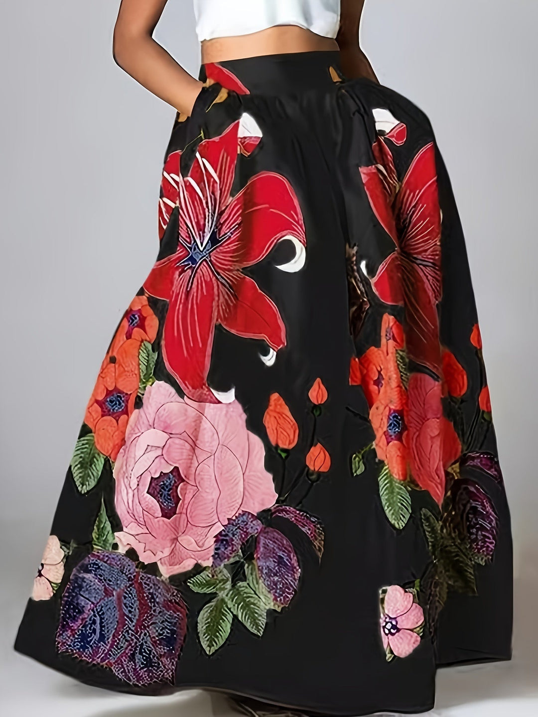 Dames Maxi Rok Met Bloemenprint En Hoge Taille in Zwart