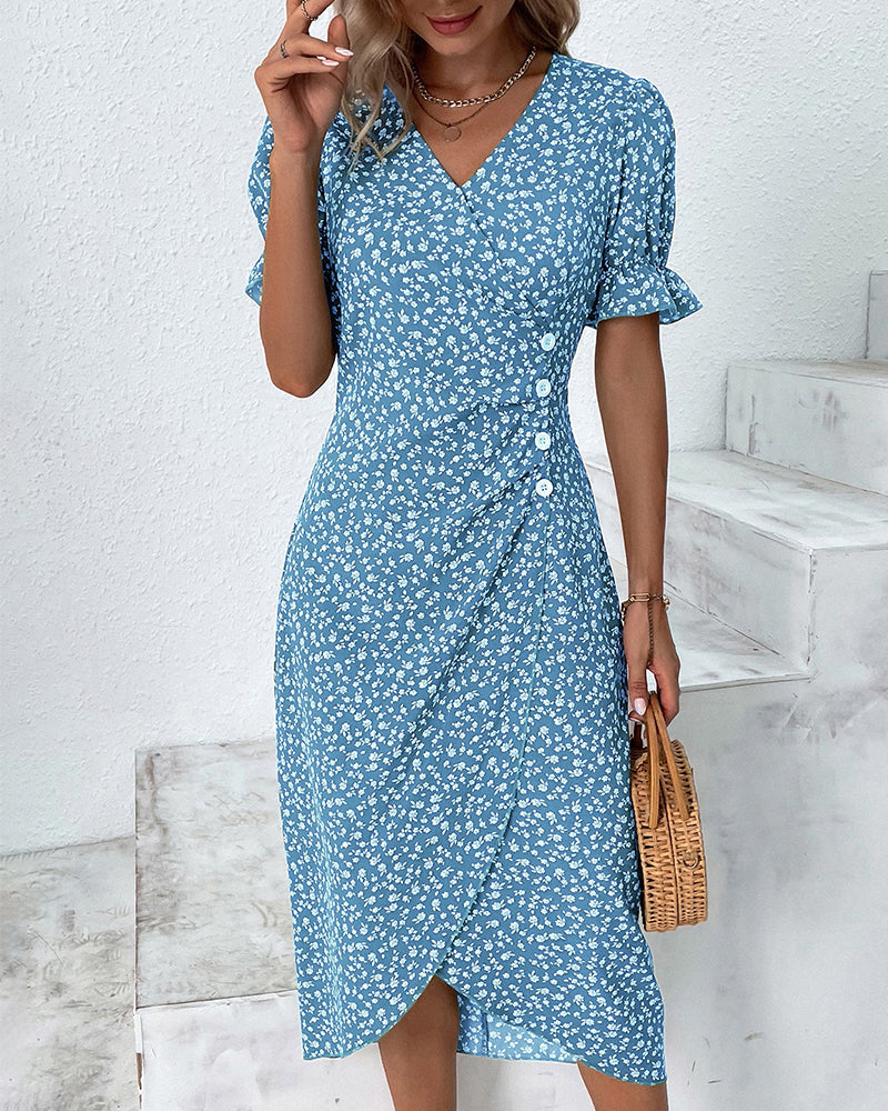 Dames Midi Zomerjurk Met Bloemenprint En V Hals in Blauw