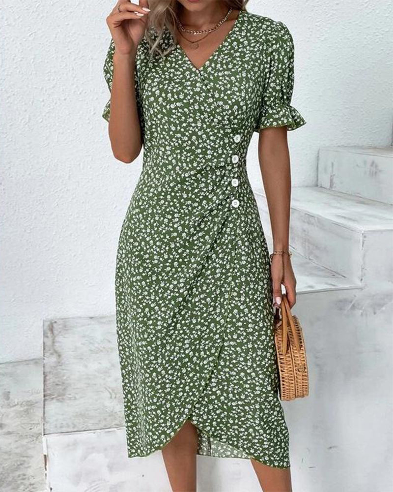 Dames Midi Zomerjurk Met Bloemenprint En V Hals in Groen