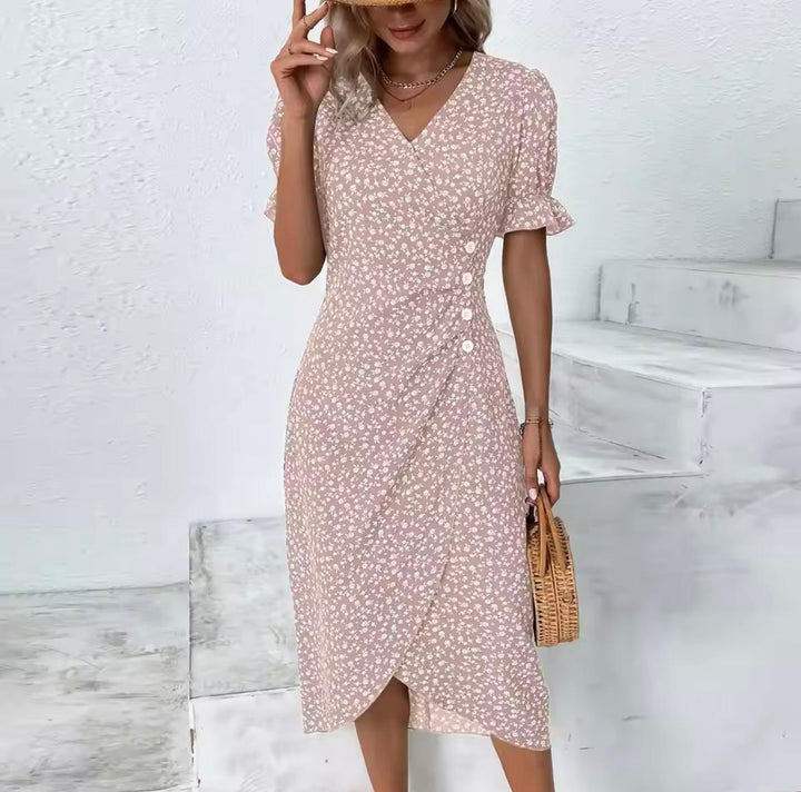 Dames Midi Zomerjurk Met Bloemenprint En V Hals in Lichtroze
