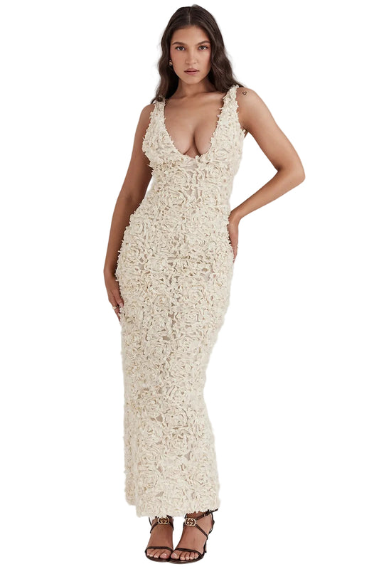 Dames Bloemen Appliqué Avondjurk V Hals Maxi