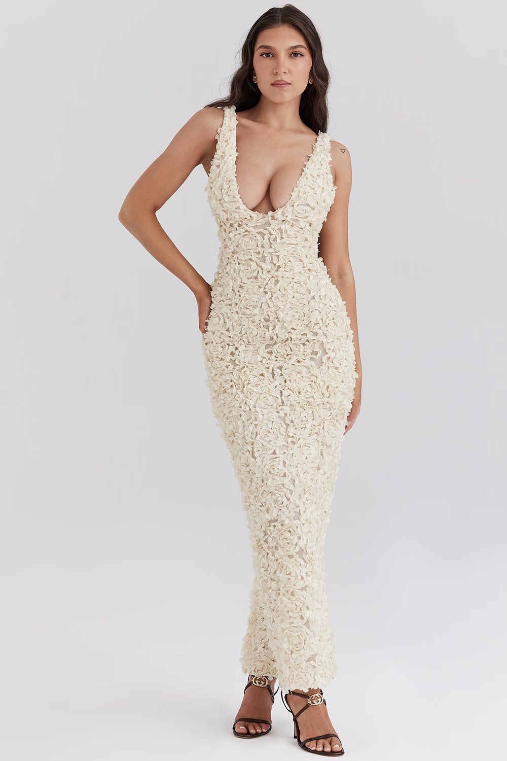 Dames Bloemen Appliqué Avondjurk V Hals Maxi