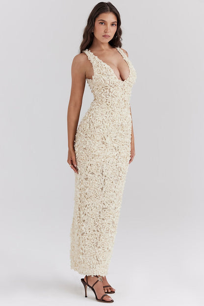 Dames Bloemen Appliqué Avondjurk V Hals Maxi