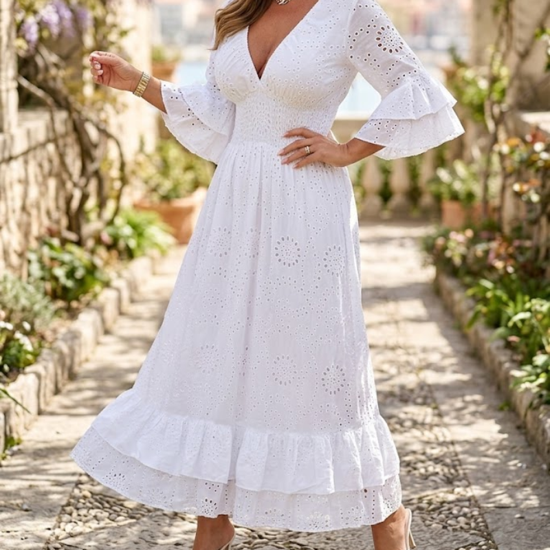 Dames Boho Broderie Jurk V Hals Modehuis-Nederland
