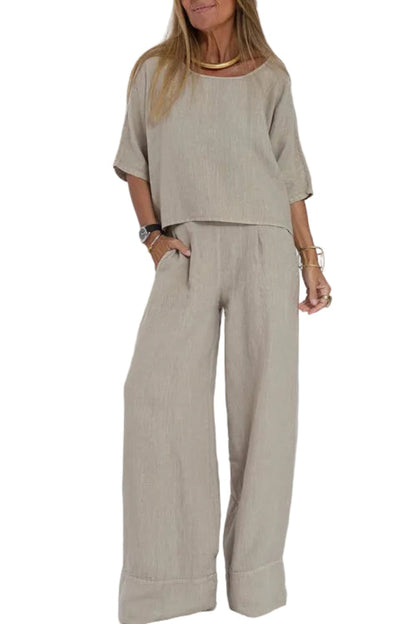 Dames Co Ord Set Wijde Broek en Top Korte Mouw