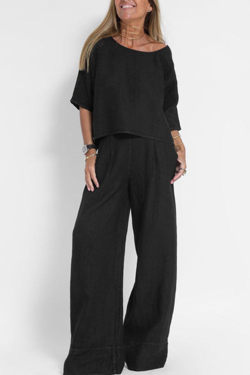 Dames Co Ord Set Wijde Broek en Top Korte Mouw