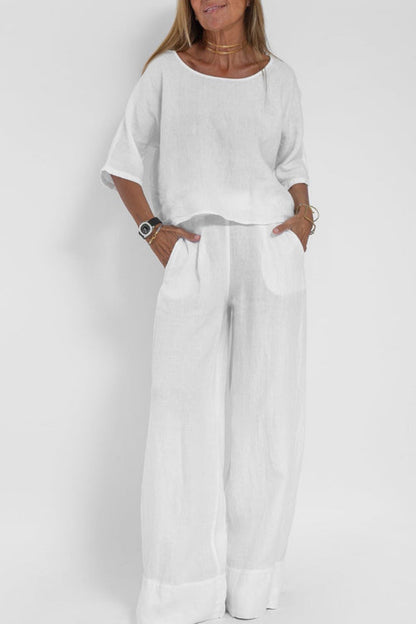 Dames Co Ord Set Wijde Broek en Top Korte Mouw