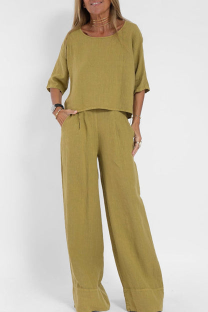 Dames Co Ord Set Wijde Broek en Top Korte Mouw