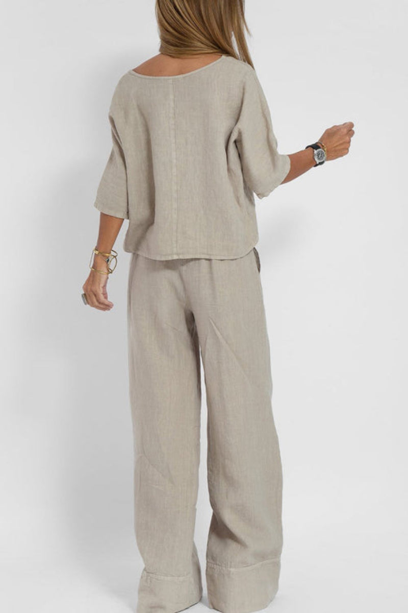 Dames Co Ord Set Wijde Broek en Top Korte Mouw