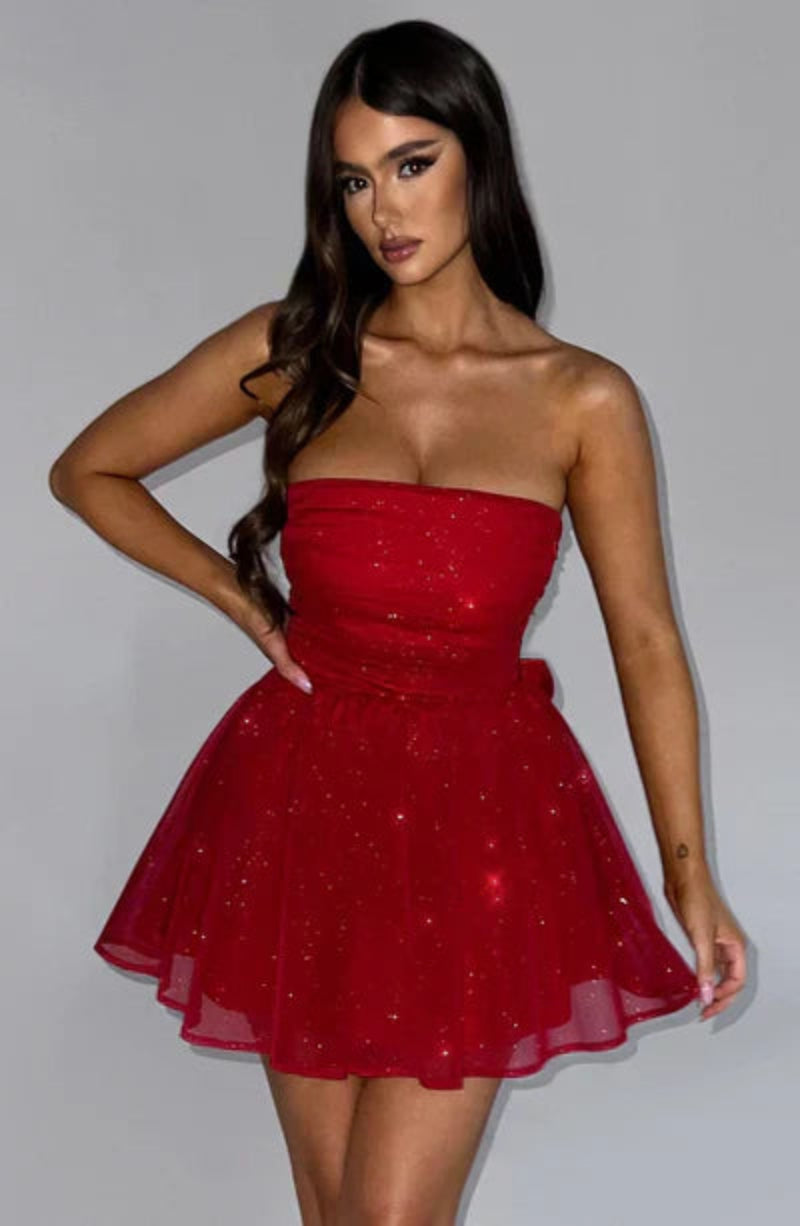 Dames Glitter Strapless Feestjurk A-Lijn
