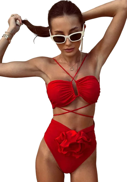 Dames High Waist Halter Bikini Set 3D Bloem
