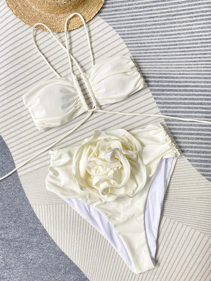 Dames High Waist Halter Bikini Set 3D Bloem
