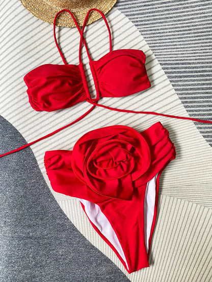 Dames High Waist Halter Bikini Set 3D Bloem