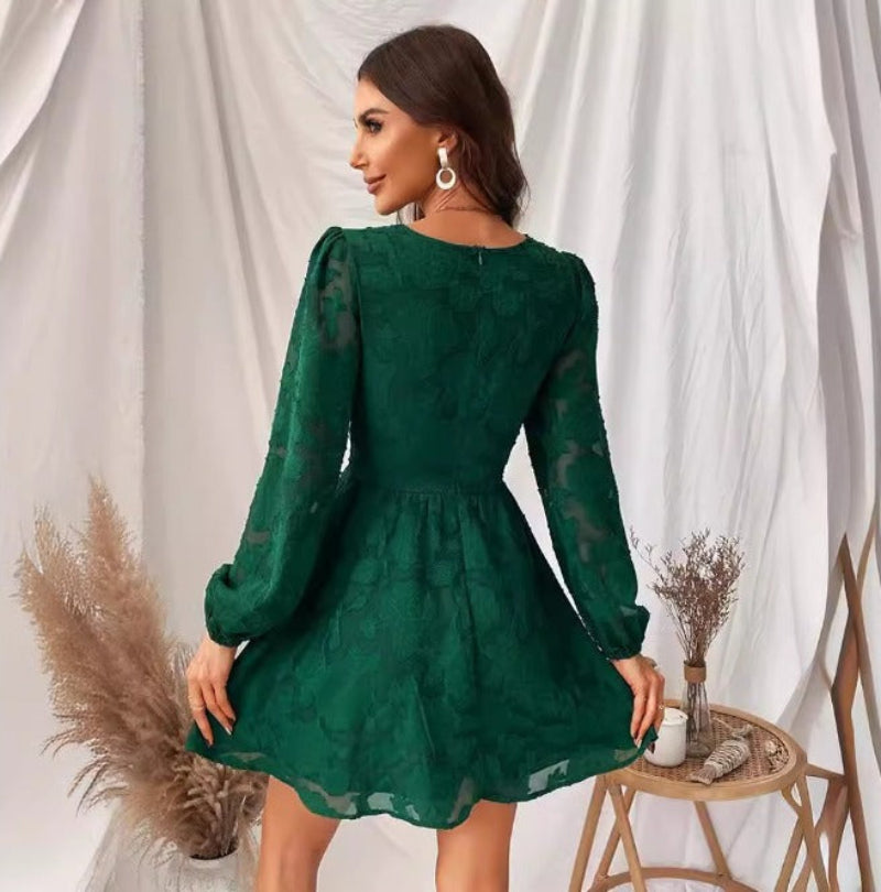 Dames Kanten V Hals Jurk Pofmouwen Mini