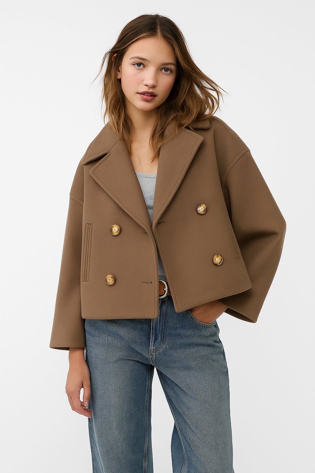 Dames Korte Double Breasted Jas Peacoat