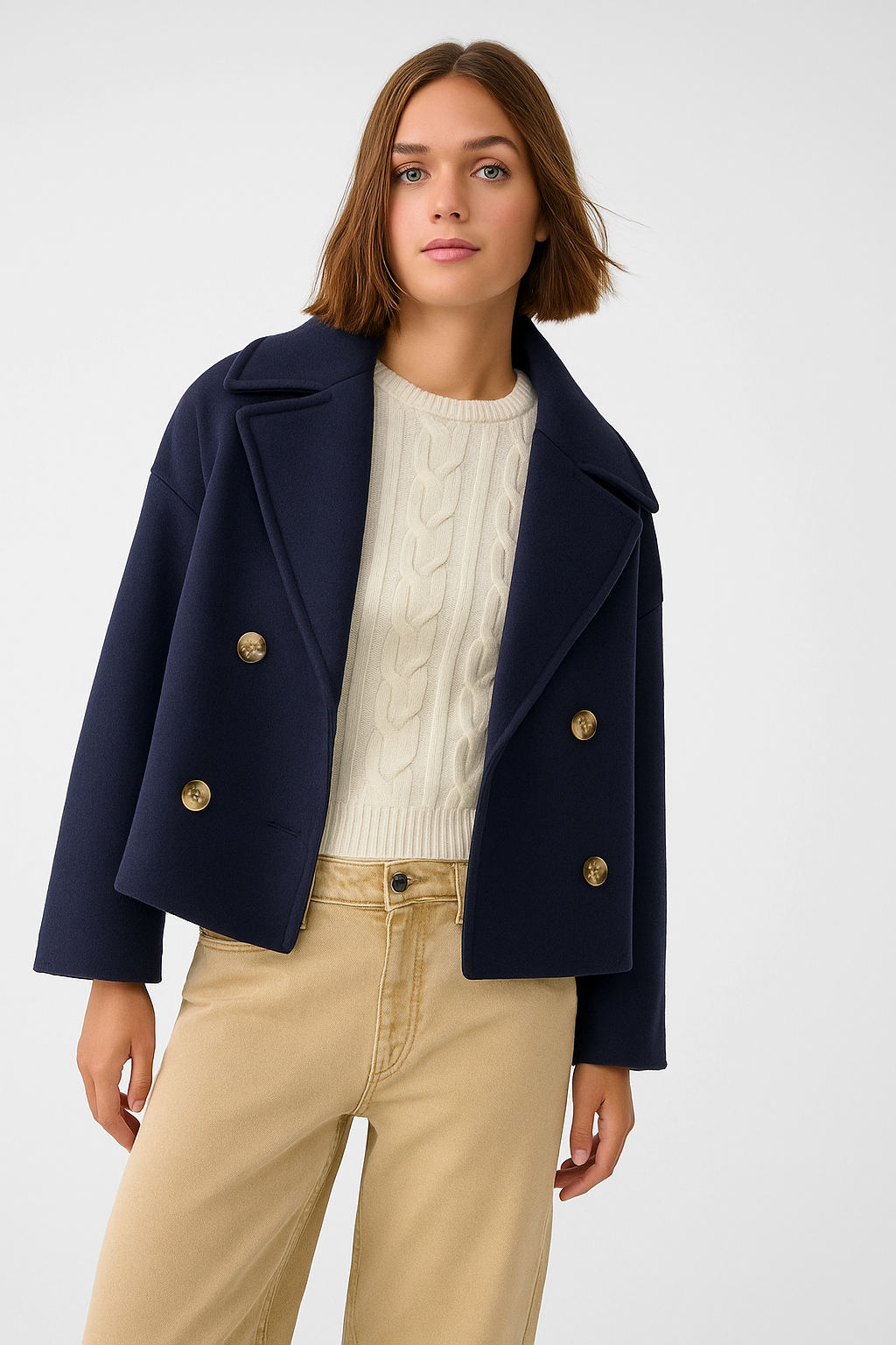 Dames Korte Double Breasted Jas Peacoat