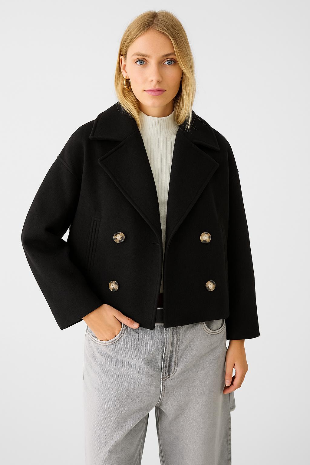 Dames Korte Double Breasted Jas Peacoat
