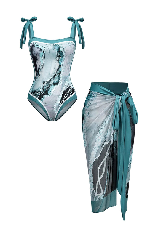 Dames Marble Print Badpak Set met Pareo