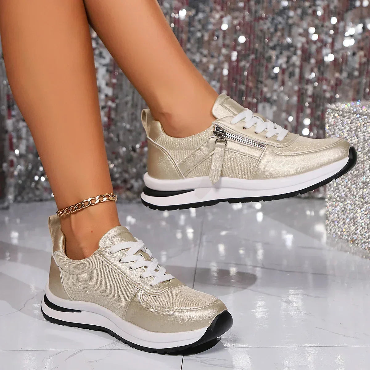 Dames Metallic Sneakers Side Zip Glitter