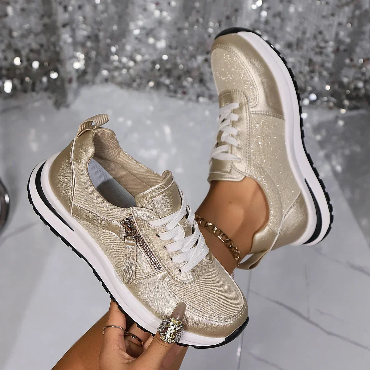 Dames Metallic Sneakers Side Zip Glitter