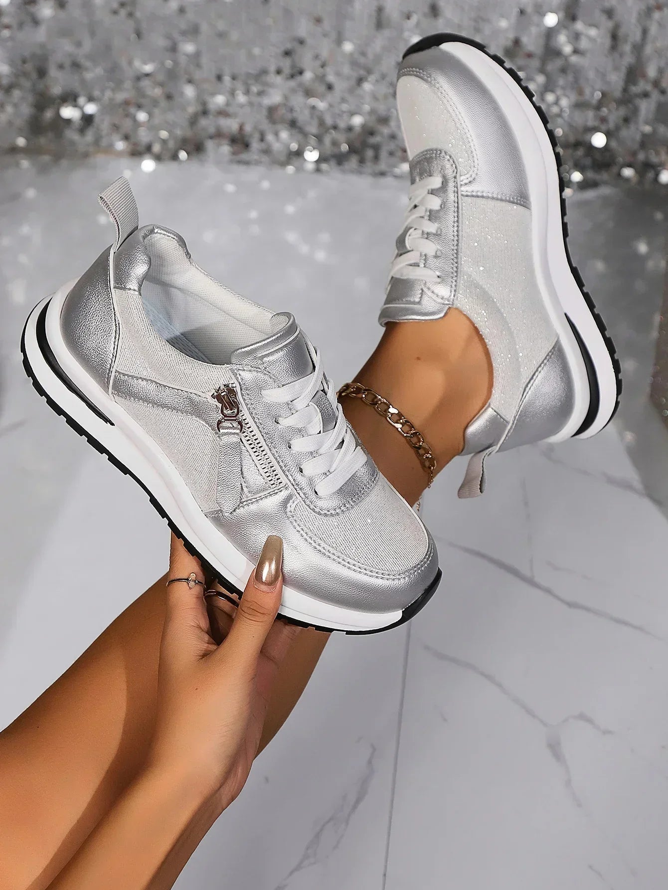 Dames Metallic Sneakers Side Zip Glitter