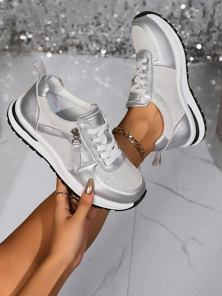 Dames Metallic Sneakers Side Zip Glitter