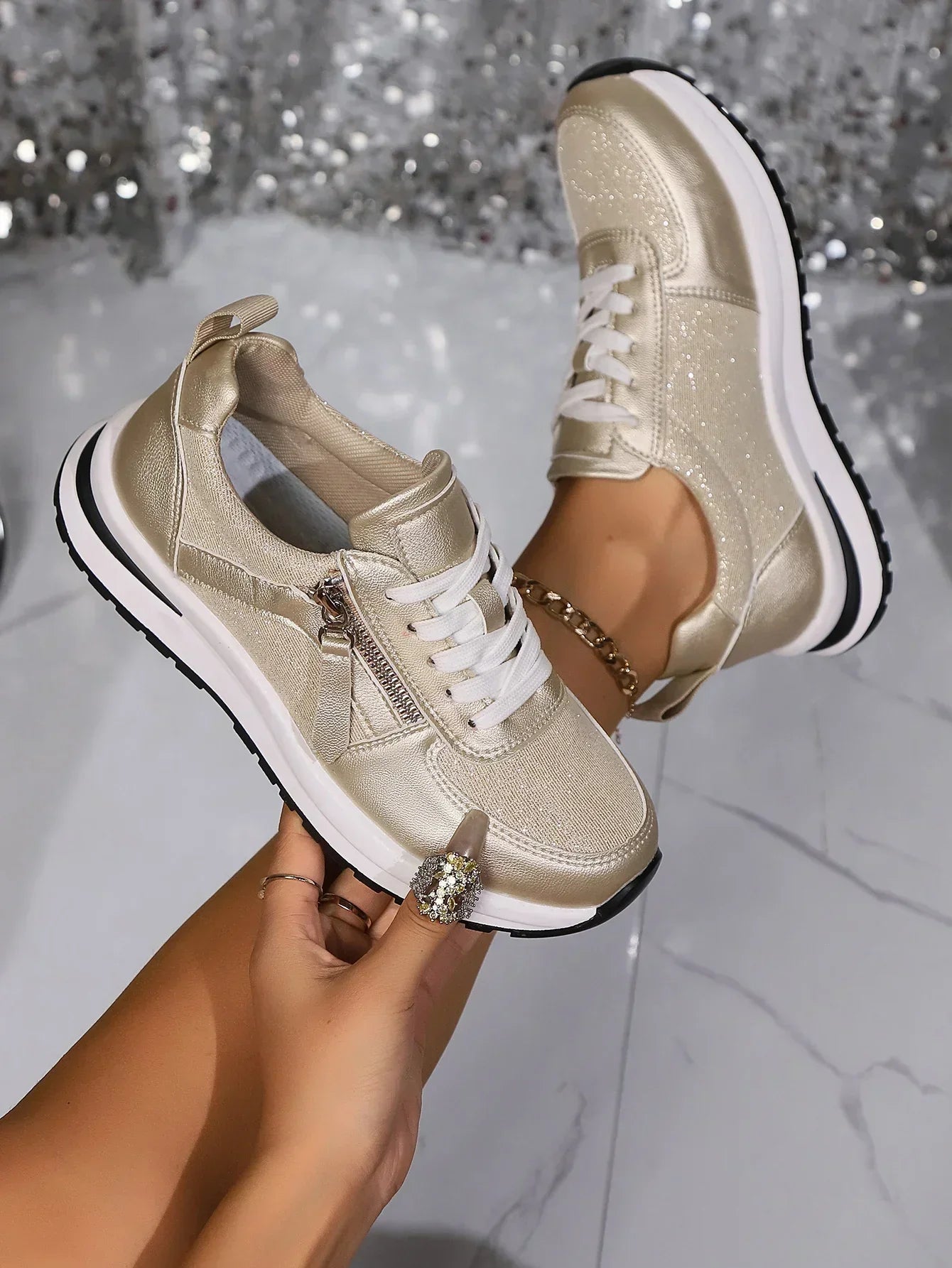 Dames Metallic Sneakers Side Zip Glitter