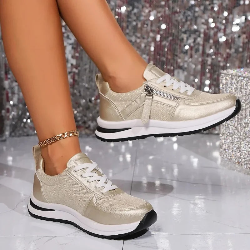 Dames Metallic Sneakers Side Zip Glitter