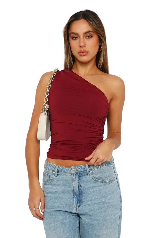 Dames One-Shoulder Crop Top Ruched Mouwloos
