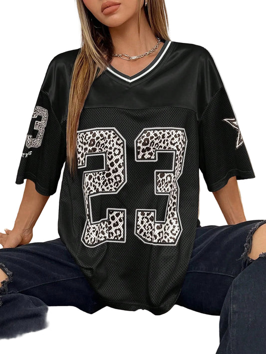 Dames Oversized Jersey T Shirt V Hals Panter Print