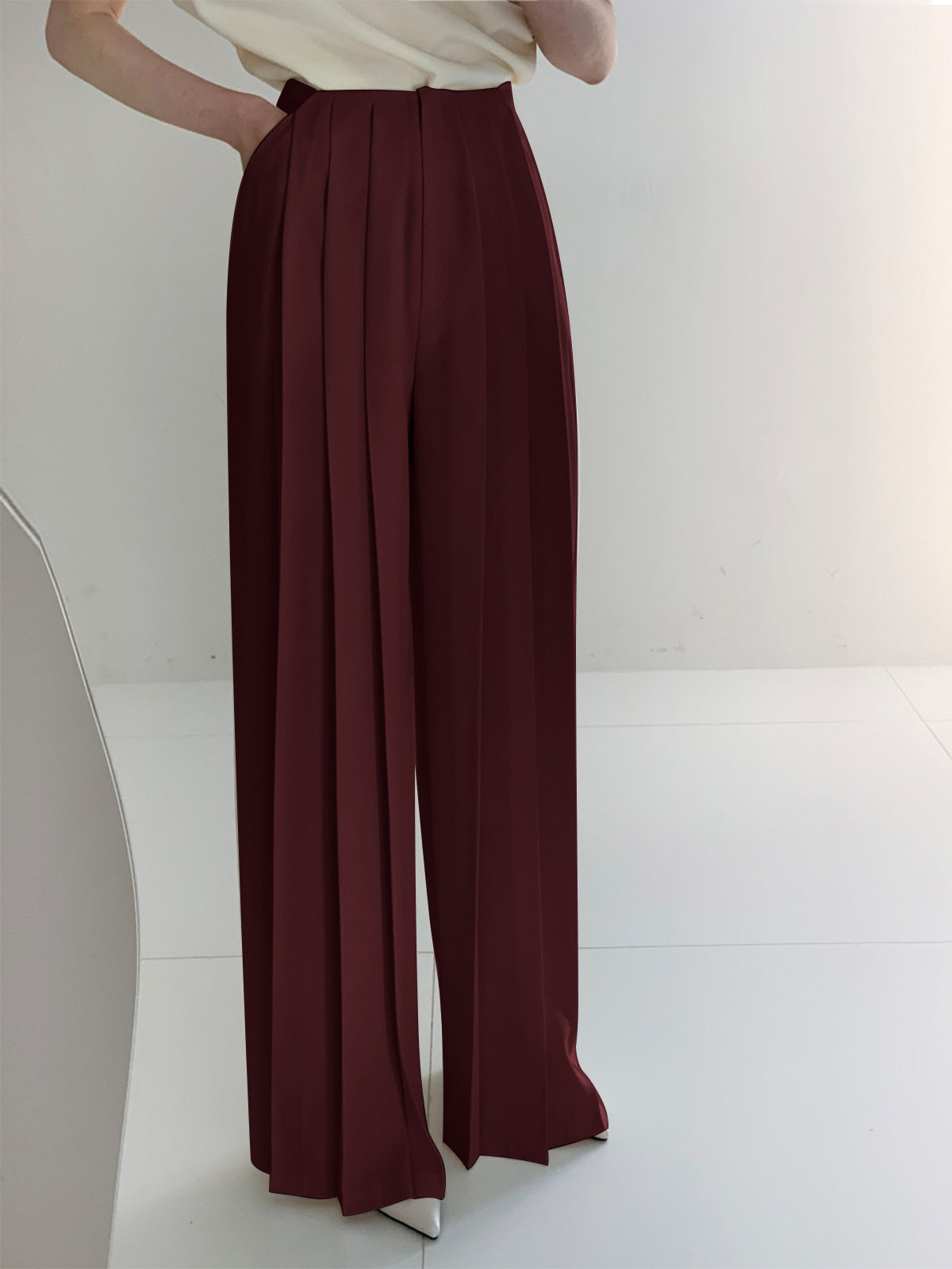 Dames Plissé Palazzo Broek Hoge Taille Wide Leg
