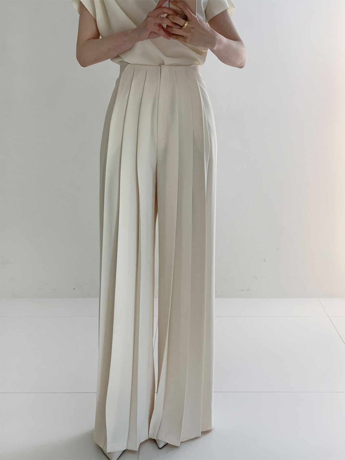 Dames Plissé Palazzo Broek Hoge Taille Wide Leg