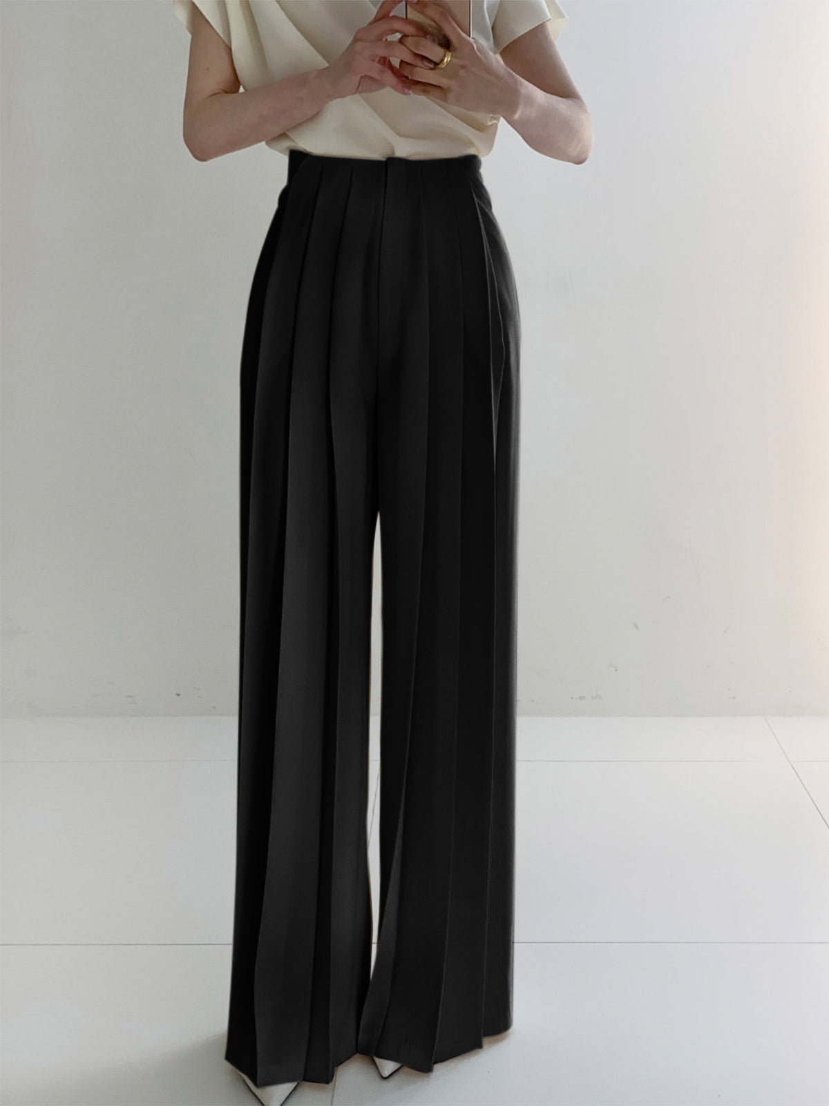 Dames Plissé Palazzo Broek Hoge Taille Wide Leg