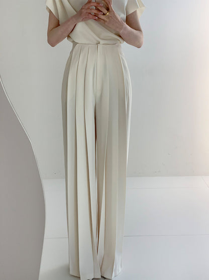 Dames Plissé Palazzo Broek Hoge Taille Wide Leg