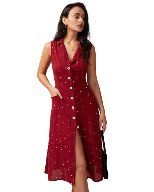 Dames Polkadot Mouwloze Overhemd Jurk Midi