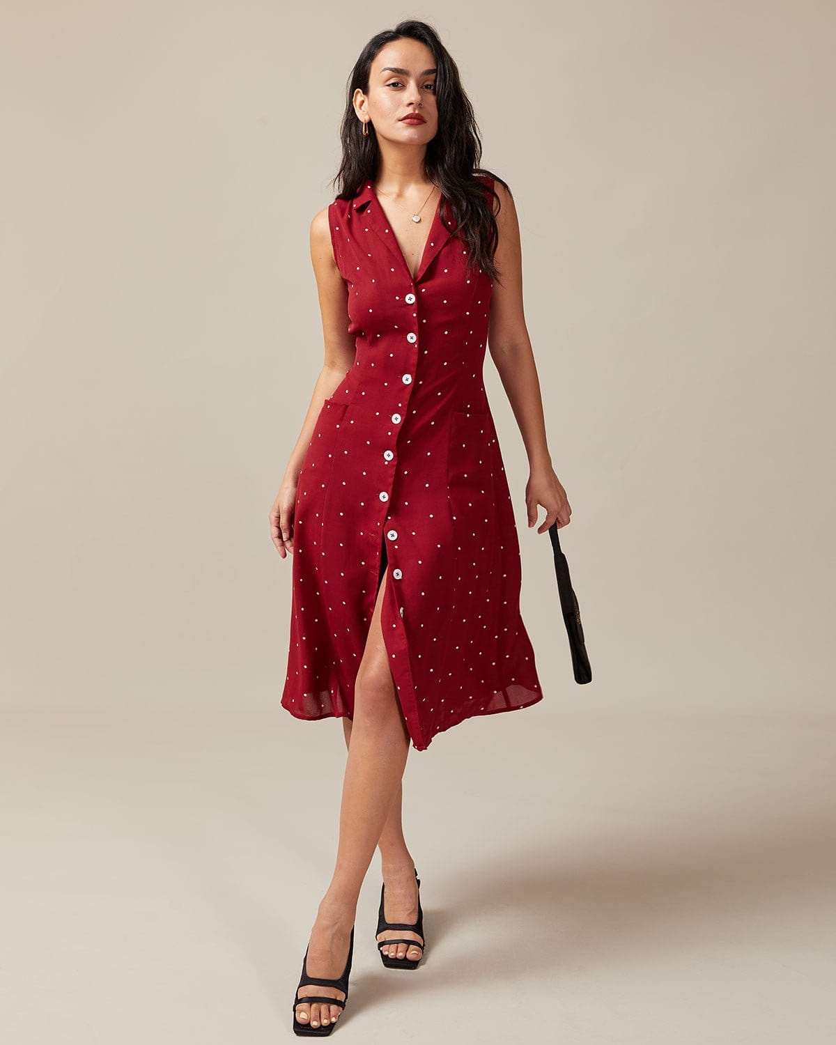 Dames Polkadot Mouwloze Overhemd Jurk Midi
