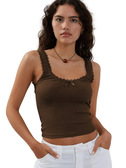 Dames Ribbed Camisole Lace Trim Bow Detail
