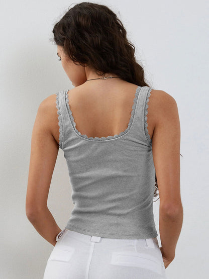 Dames Ribbed Camisole Lace Trim Bow Detail